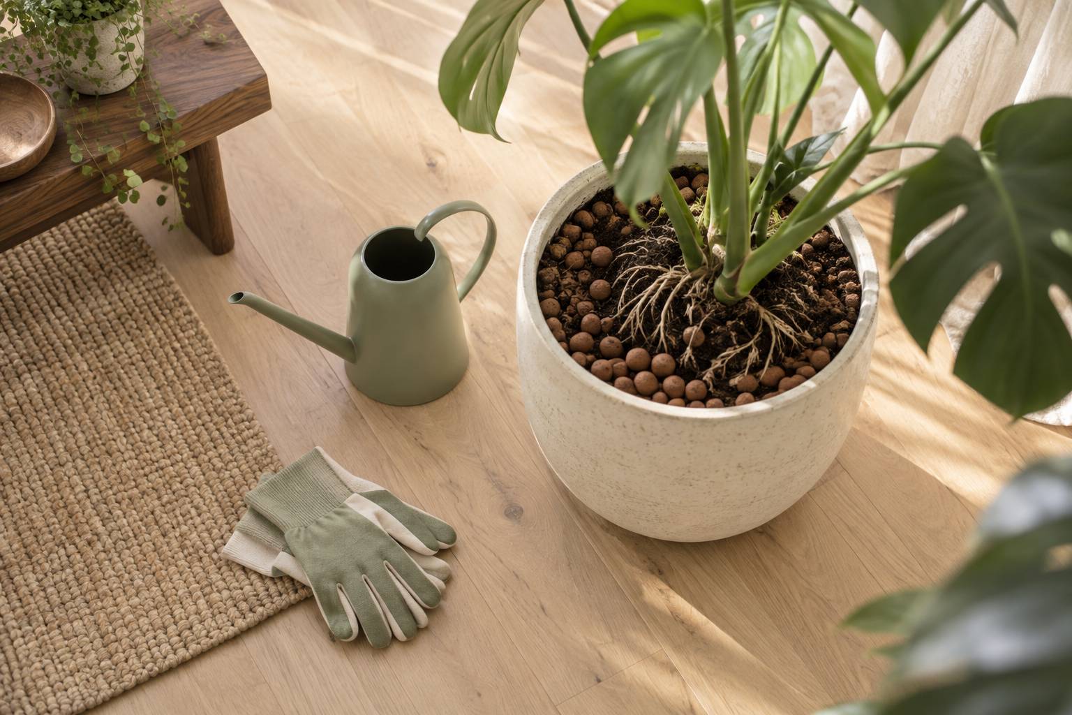 Pot de plante d'interieur avec arrosoir vu de dessus sur parquet