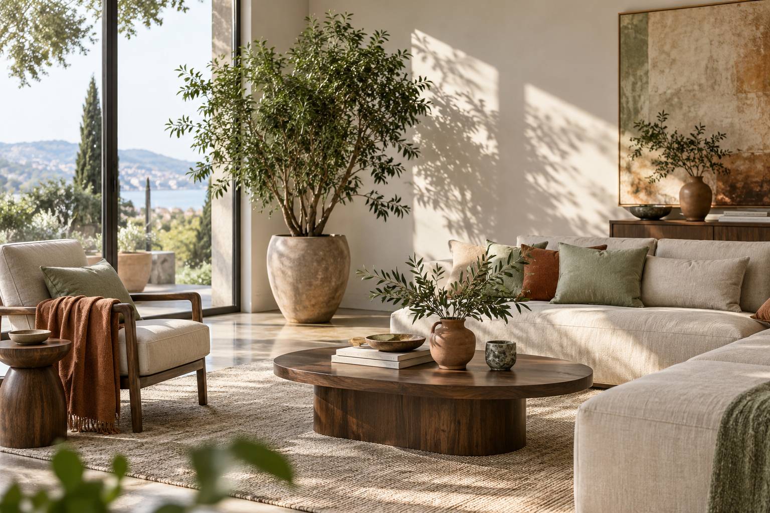 Grand vegetal d'interieur en pot dans un salon lumineux pres d'une baie