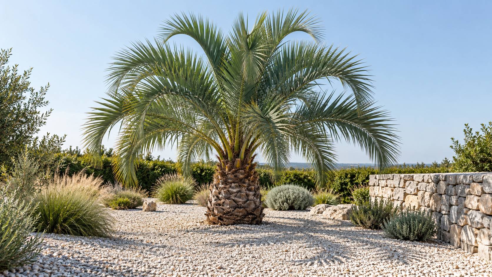 Palmier Butia capitata aux palmes bleu-vert dans un jardin de graviers et pierres seches