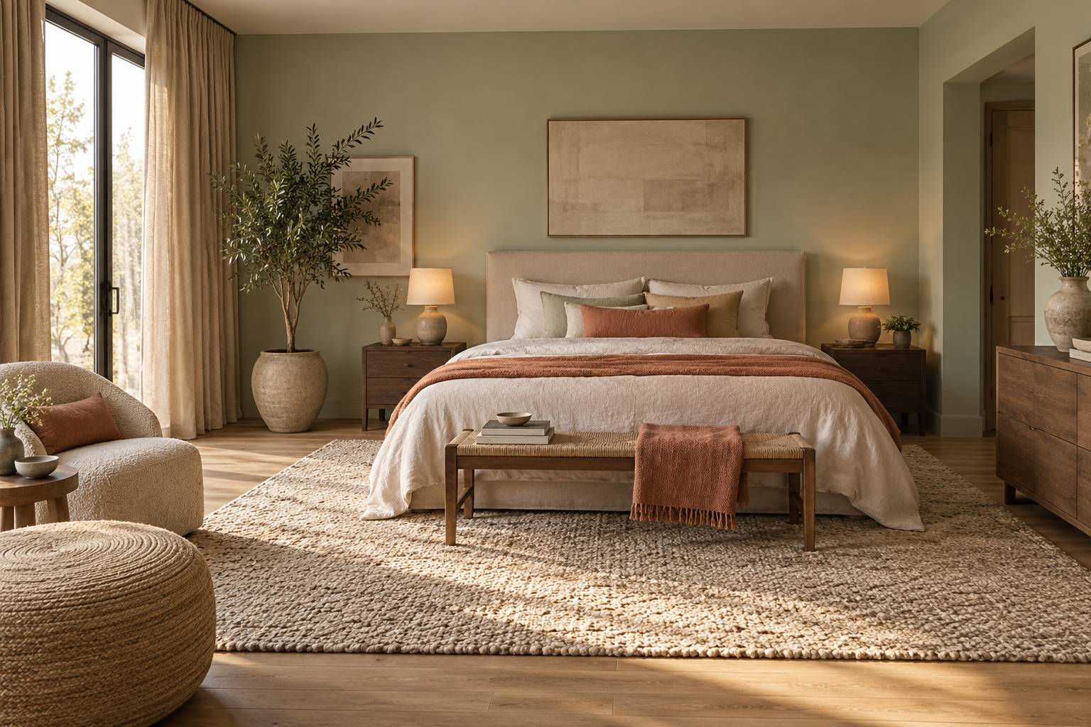 Chambre parentale avec grand lit, tête de lit textile et lampes de chevet chaudes