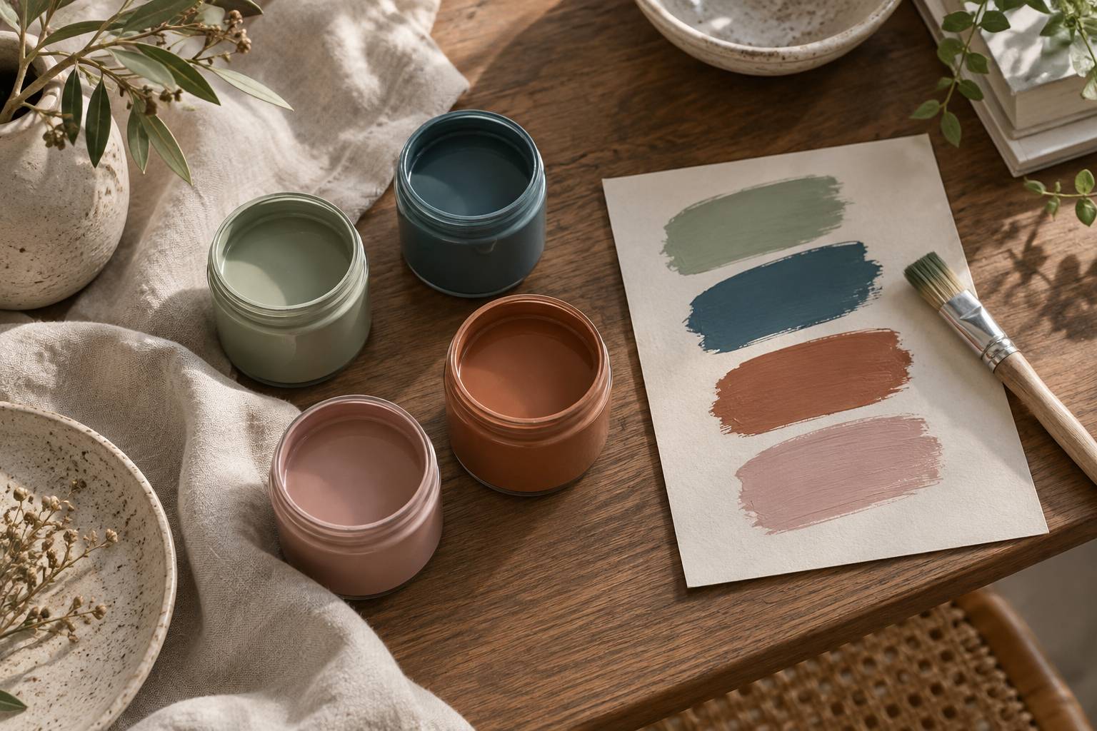 Echantillons de peinture vert sauge, bleu petrole et terracotta sur un carton