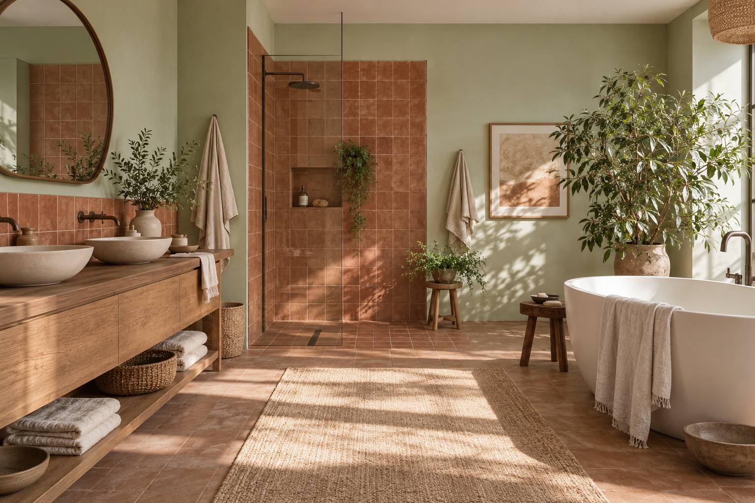 Salle de bain aux murs vert sauge avec meuble vasque en bois clair