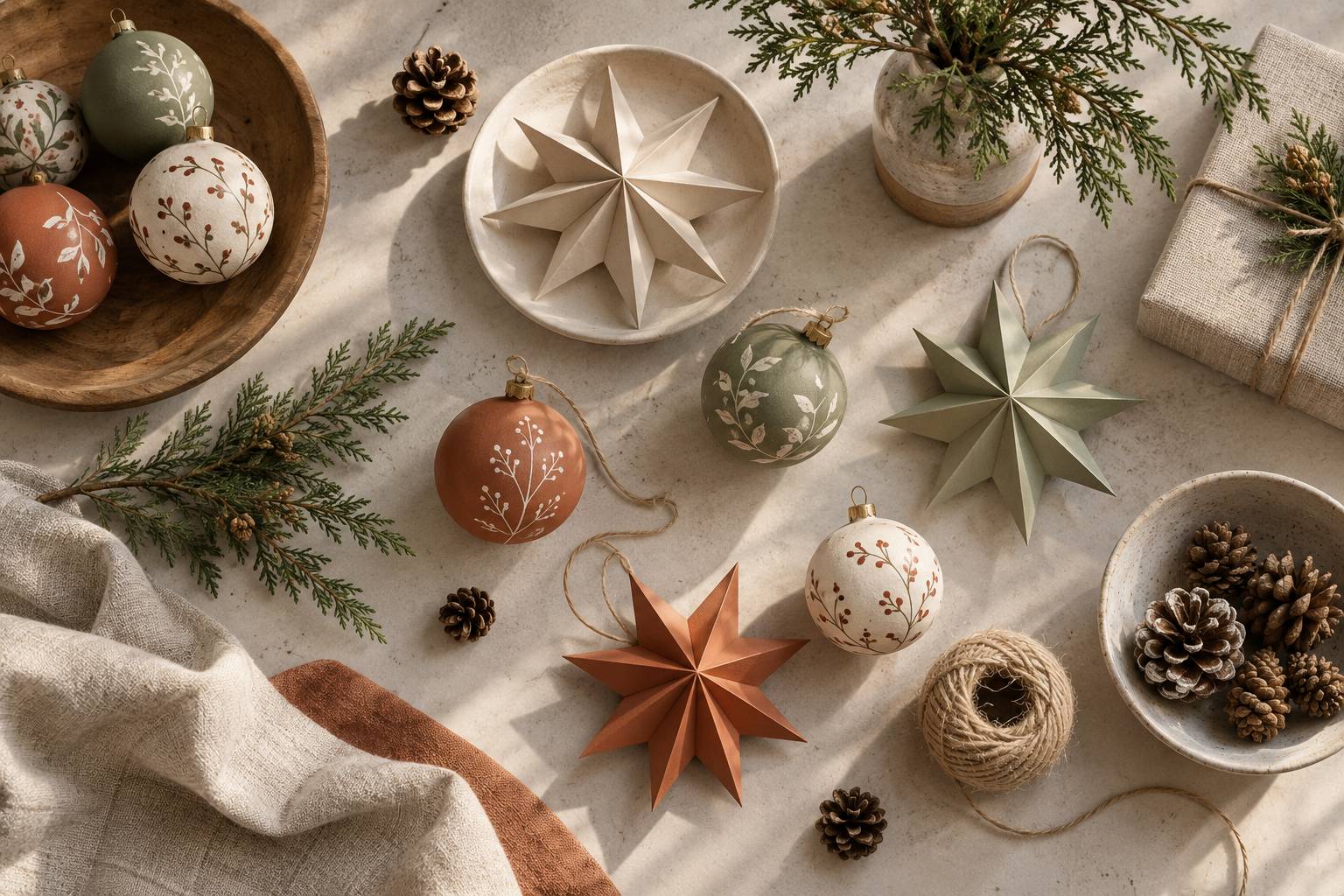 Ornements de Noël faits main alignés sur un plan de travail clair