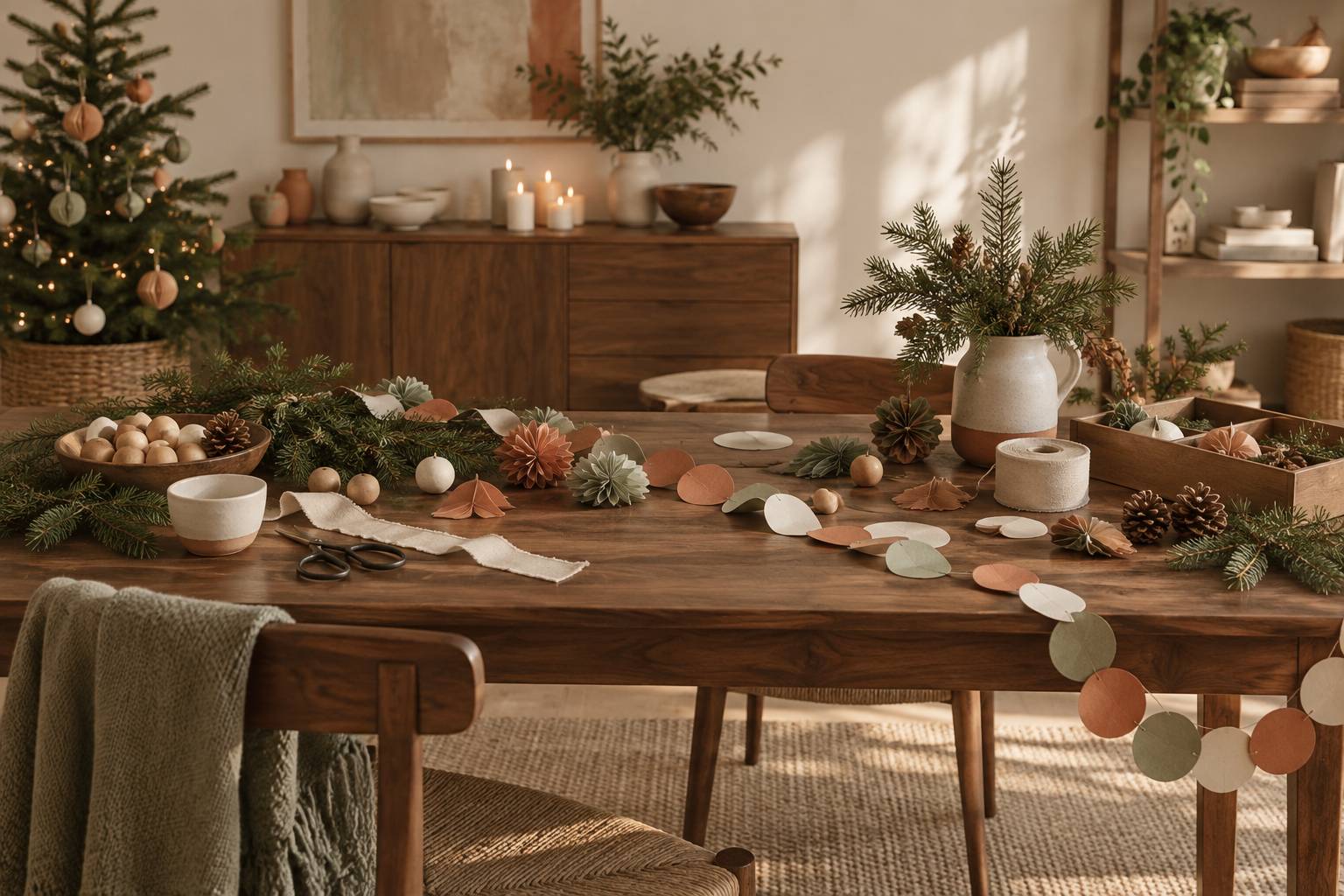 Atelier de décorations de Noël faites main avec guirlandes et ornements