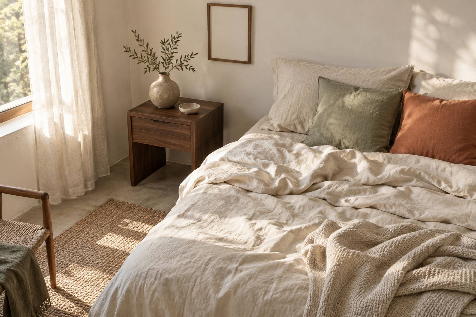 Coussins contrastes et coin nuit avec table de chevet dans une chambre a deux teintes