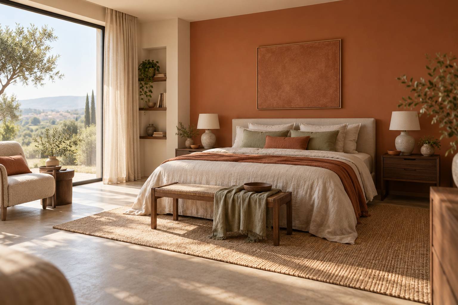 Chambre decoree avec deux couleurs, mur profond et mur clair, lit et coussins