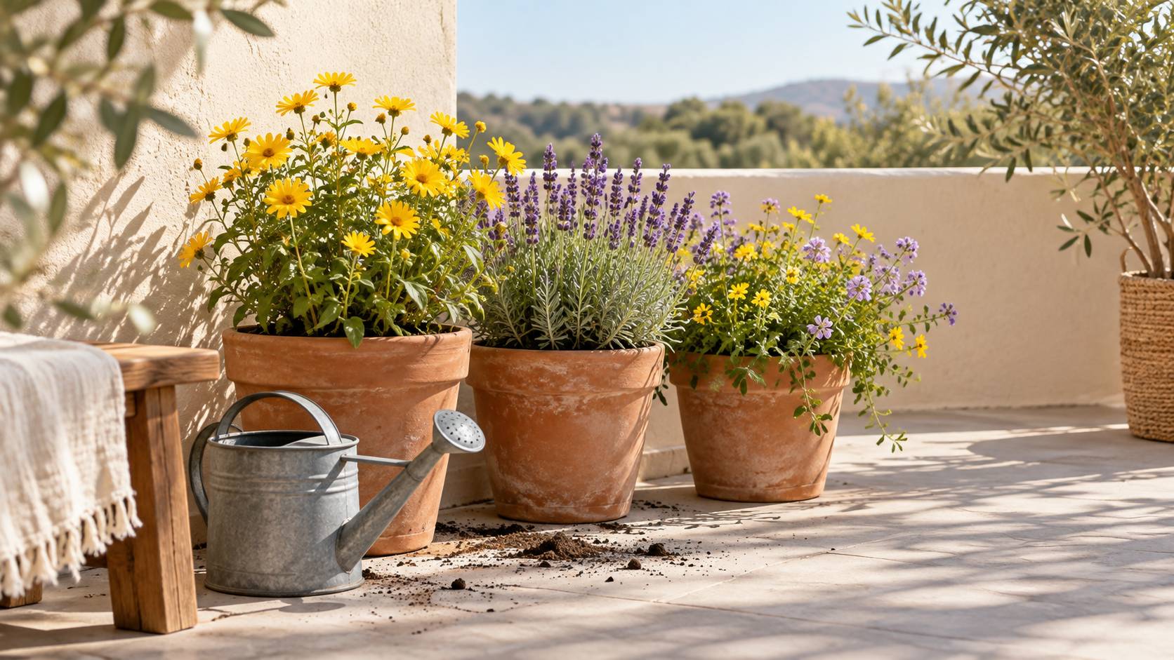 Trois pots en terre cuite de plantes fleuries sur un balcon ensoleillé avec arrosoir