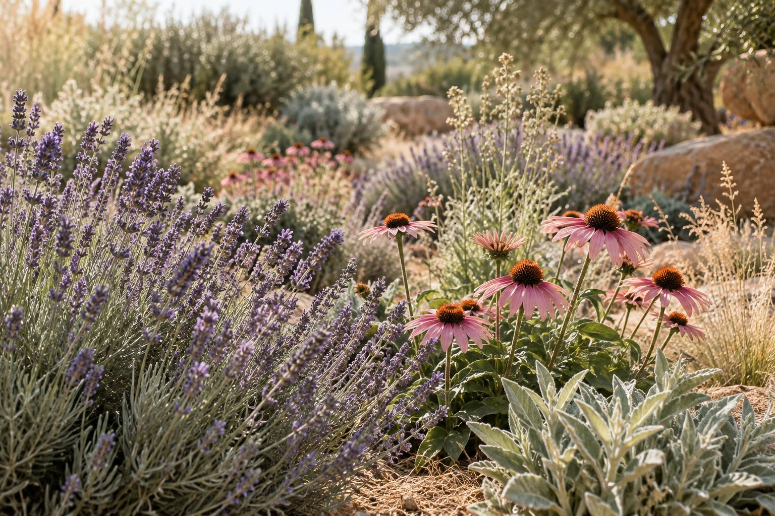 Epis de lavande et fleurs d'echinacee en plein soleil dans un jardin