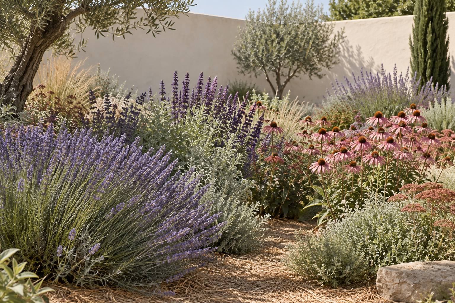 Massif de fleurs vivaces colorees sous le plein soleil d'un jardin