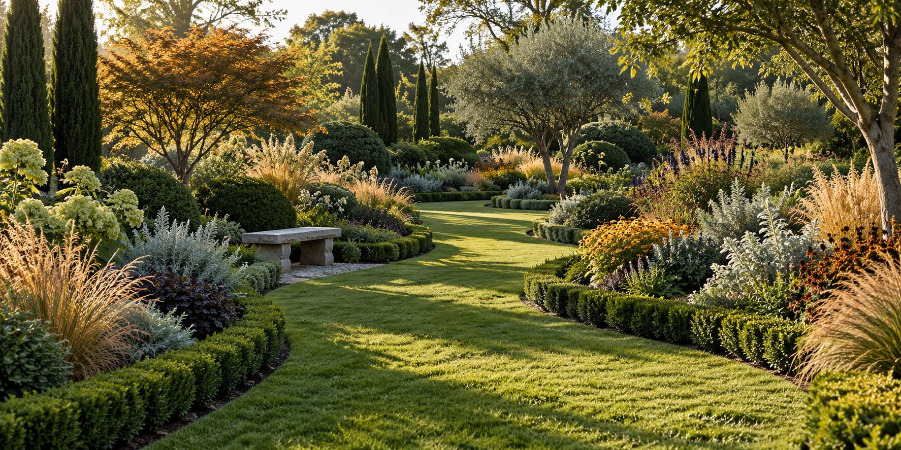 Jardin paysager avec allée engazonnée bordée de massifs de vivaces, arbustes taillés et banc de pierre