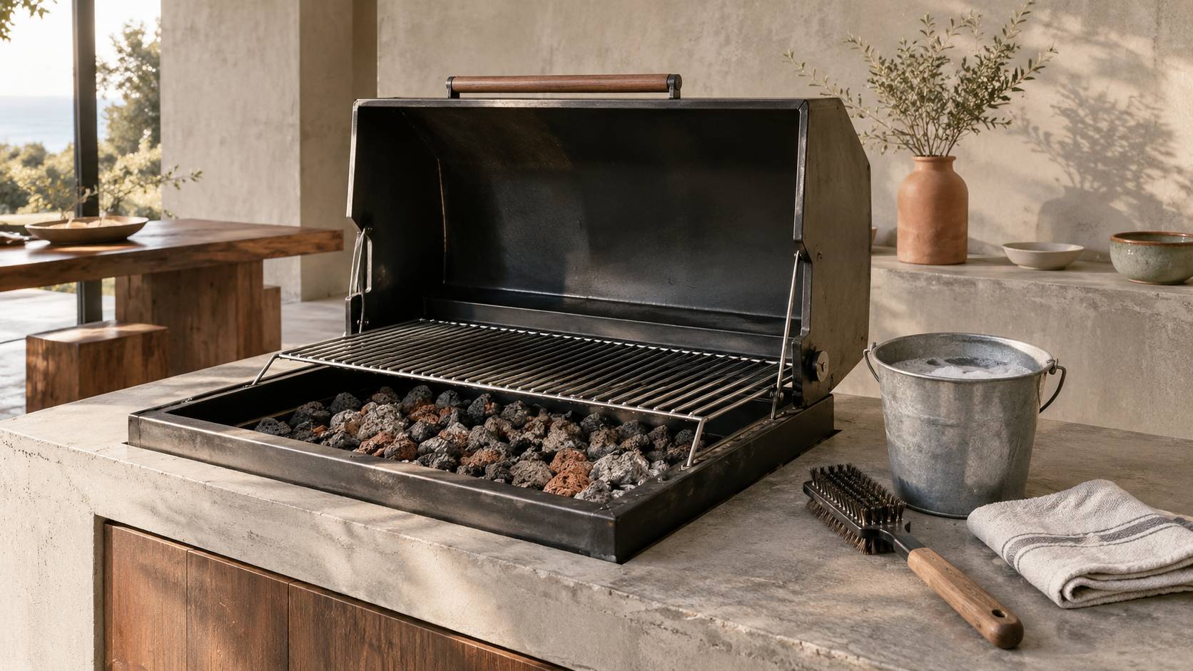 Barbecue à charbon ouvert avec pierres de lave, grille et brosse