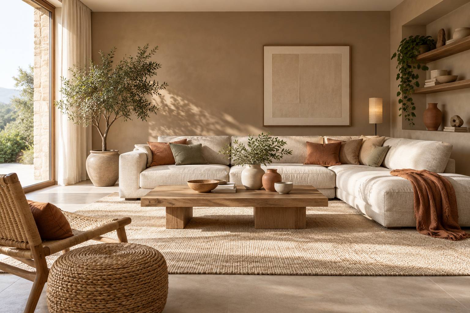 Salon lumineux au mur peint en marron clair avec canape beige