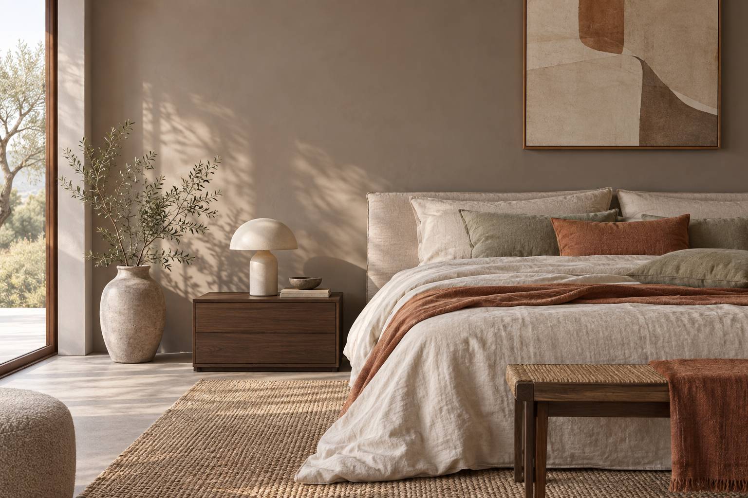 Mur de chambre en peinture taupe mate avec chevet et linge de lin