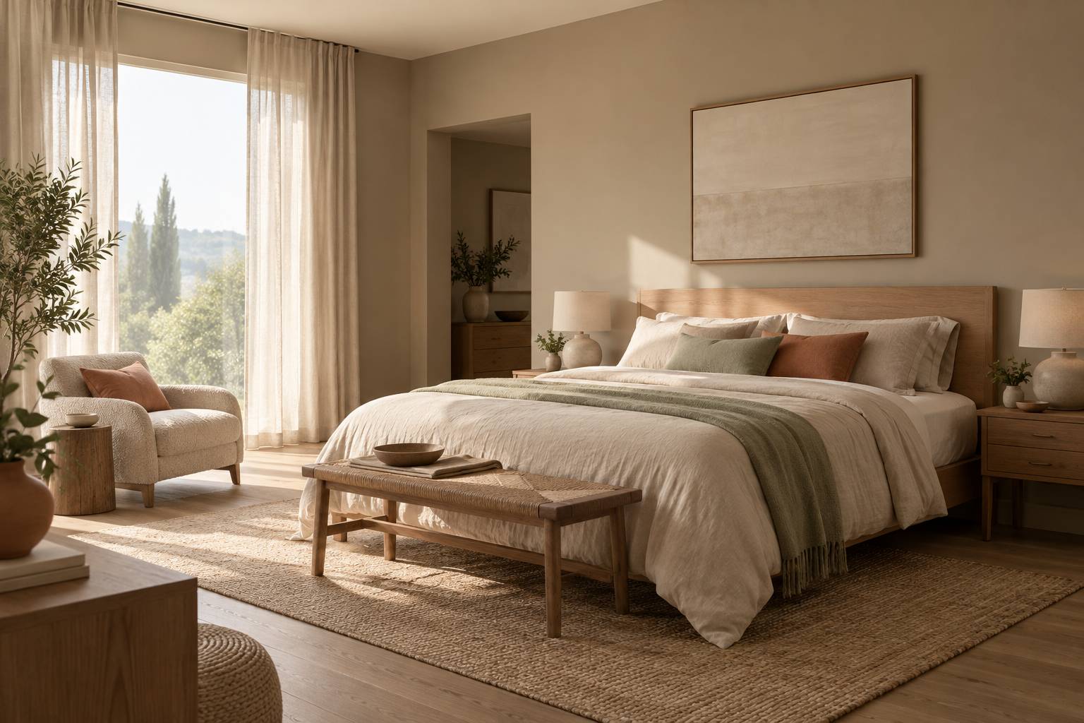 Chambre a coucher aux murs taupe mat avec linge de lit neutre