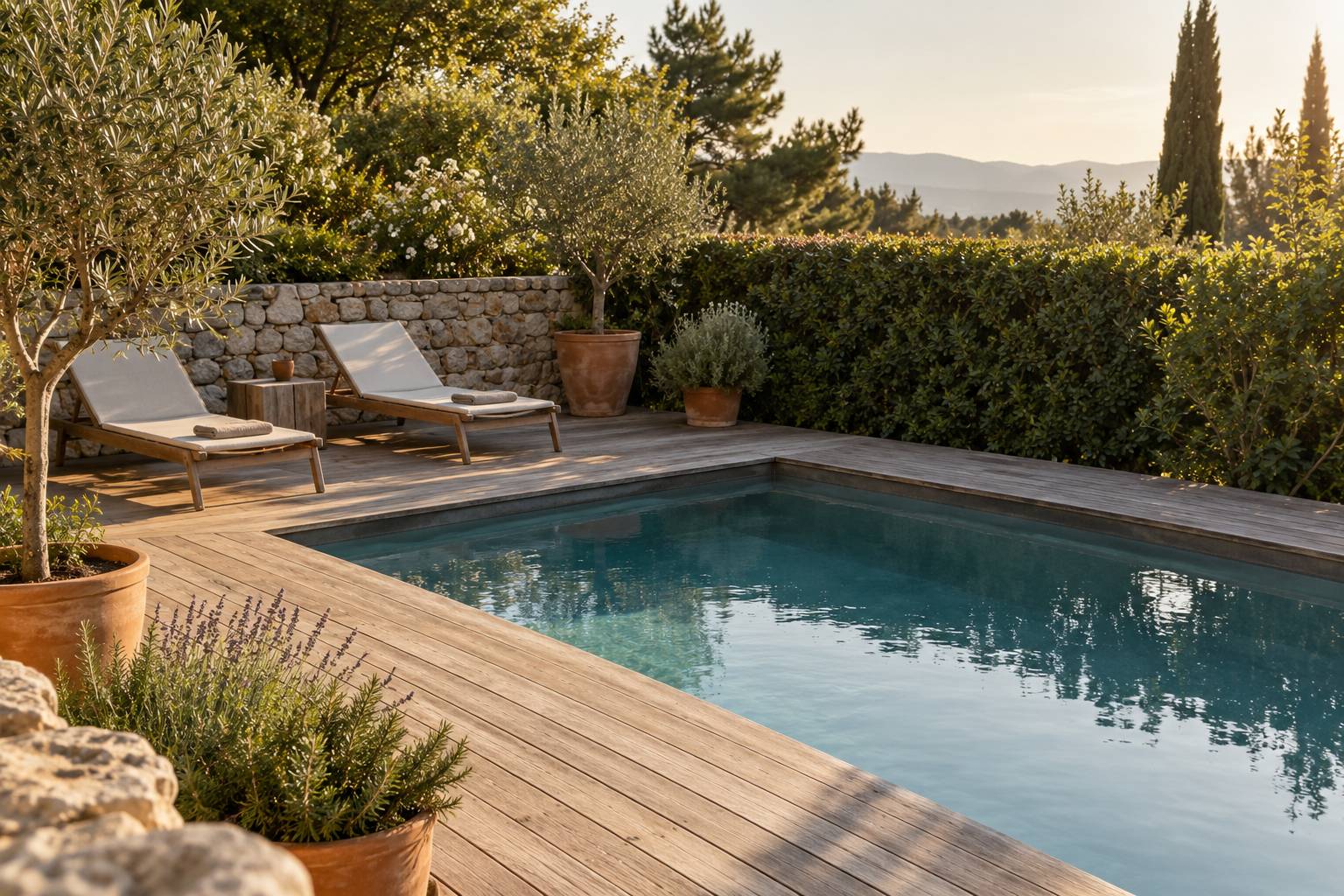 Petite piscine compacte encastrée dans une terrasse en bois clair entourée de plantes