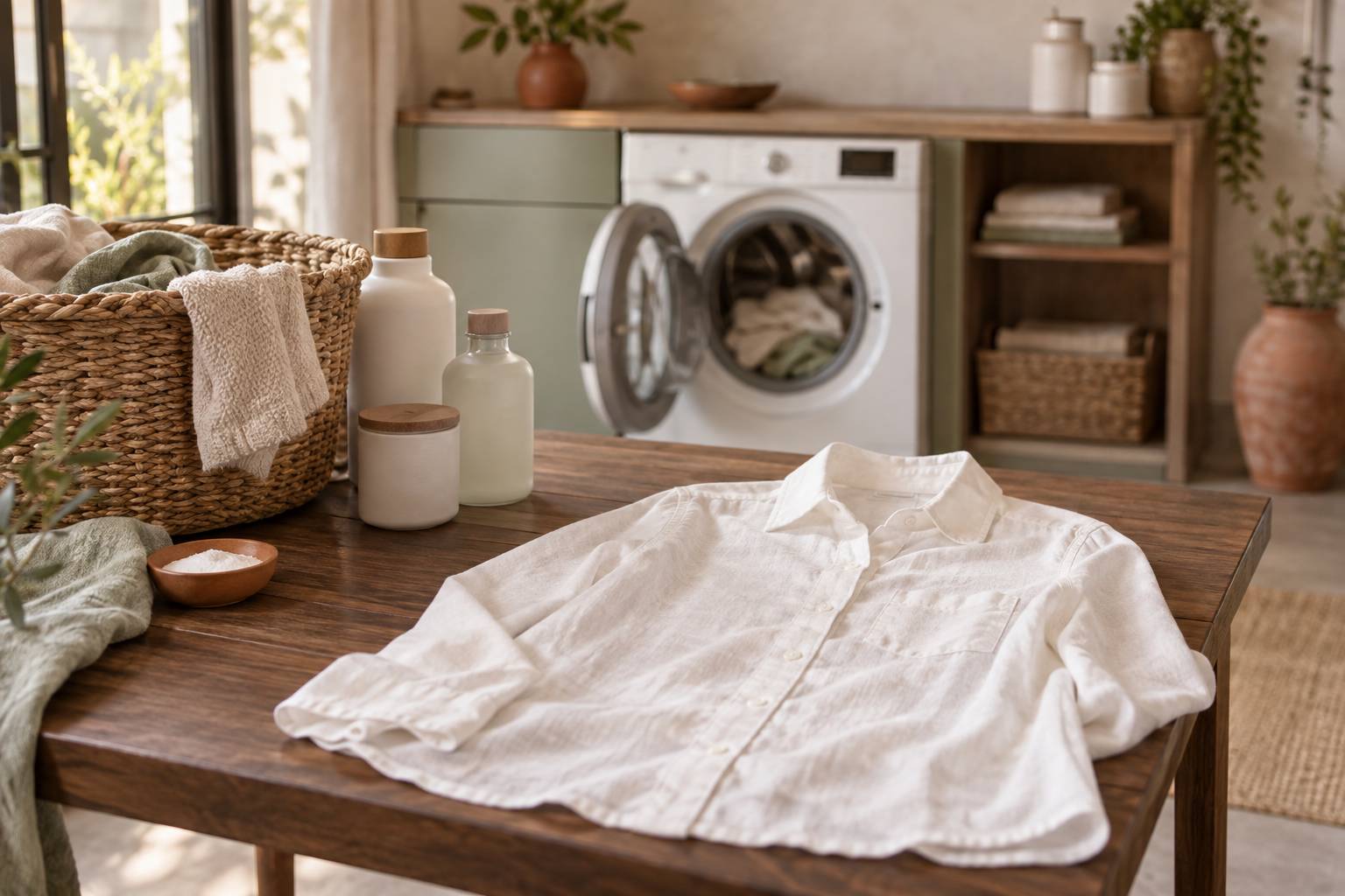 Chemise blanche legerement teintee et linge dans une buanderie lumineuse