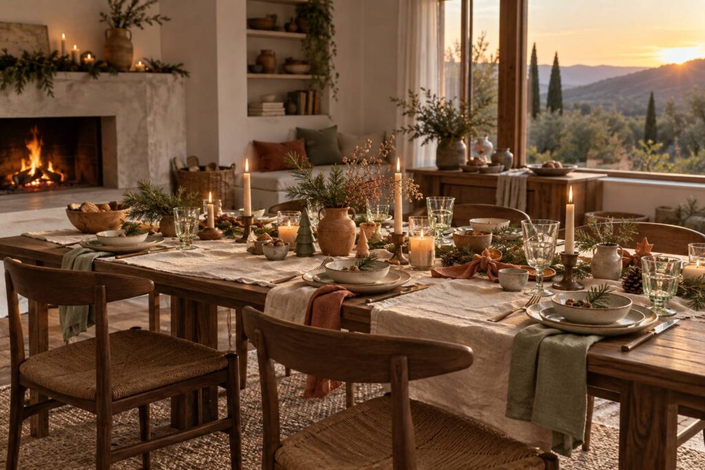 Table de fête dressée avec décorations faites main, bougies et lin