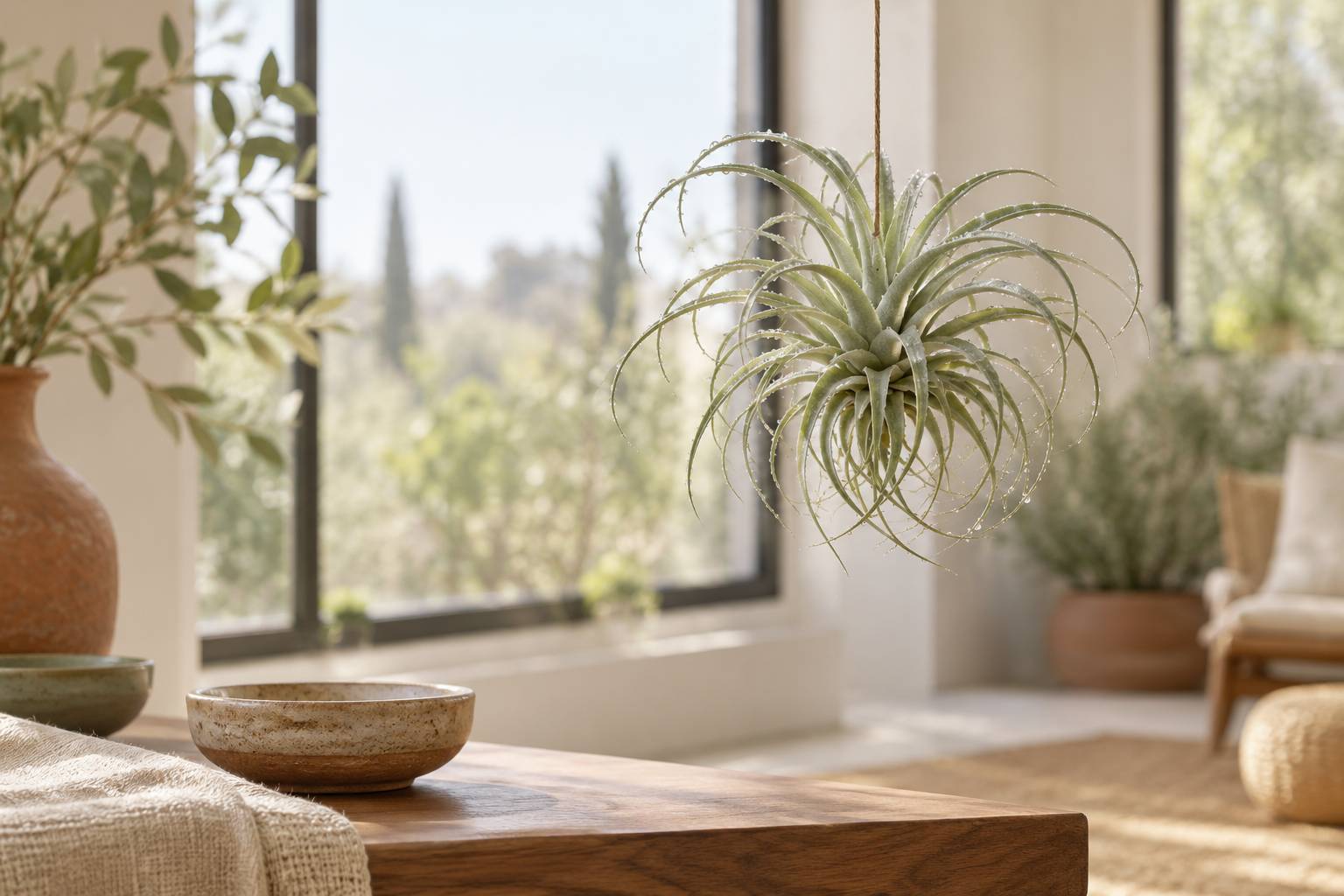 Tillandsia suspendu devant une fenetre avec feuilles argentes et gouttelettes