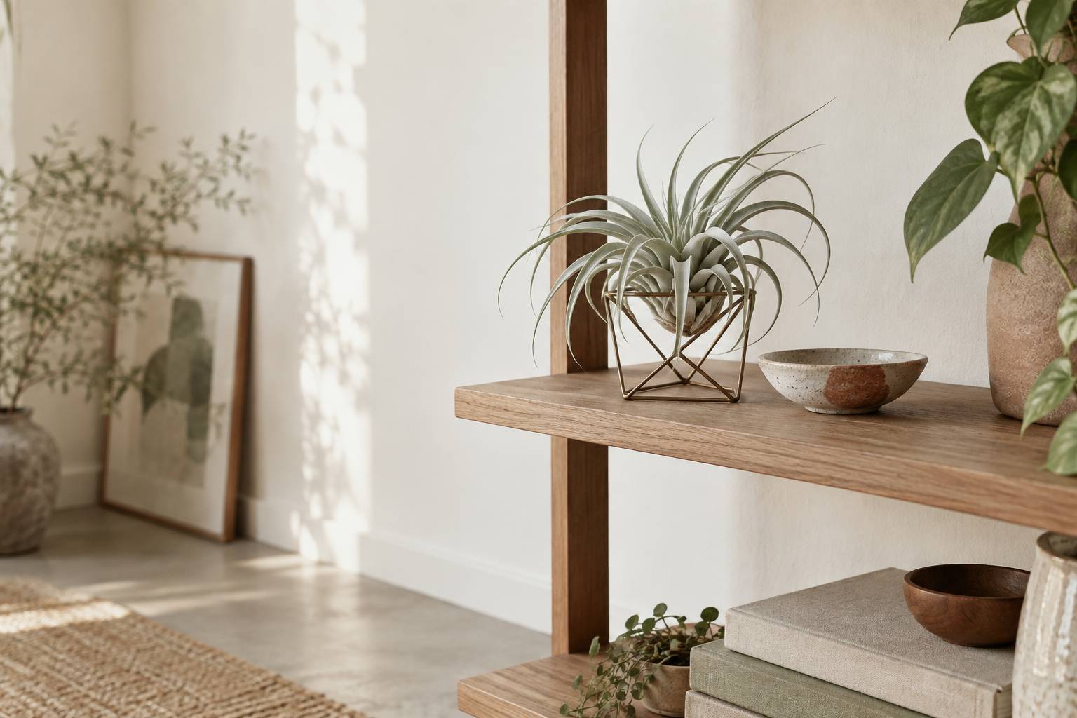 Tillandsia argente pose sur une etagere en bois clair dans un interieur epure