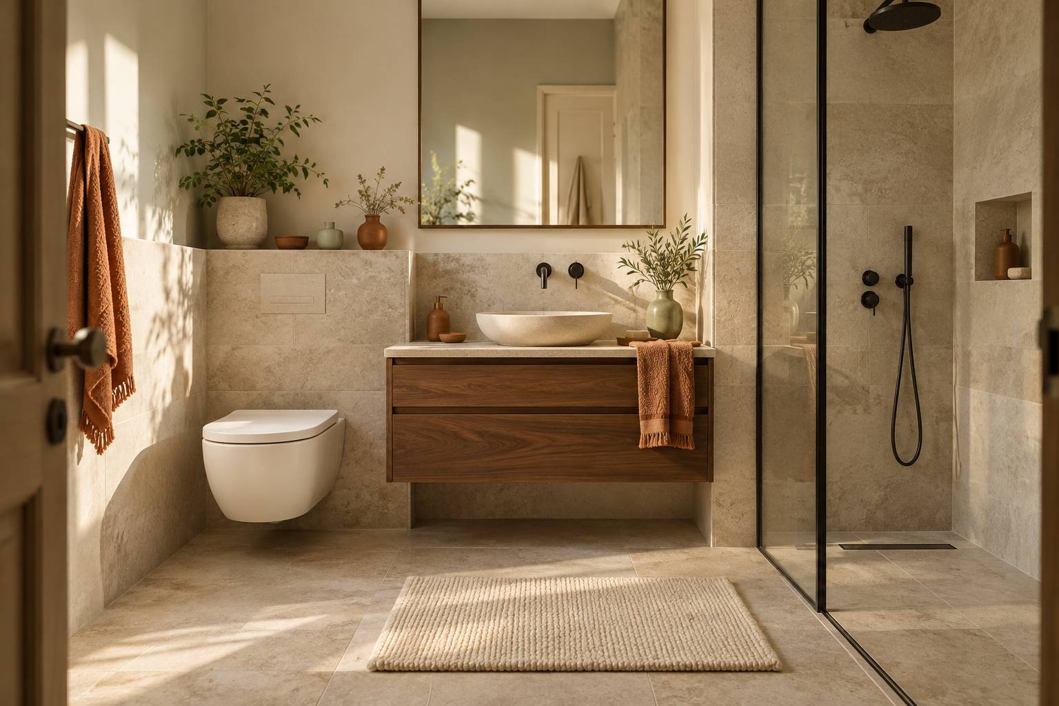 Petite salle de bains claire avec WC suspendus intégrés dans un angle, meuble vasque et paroi de douche vitrée